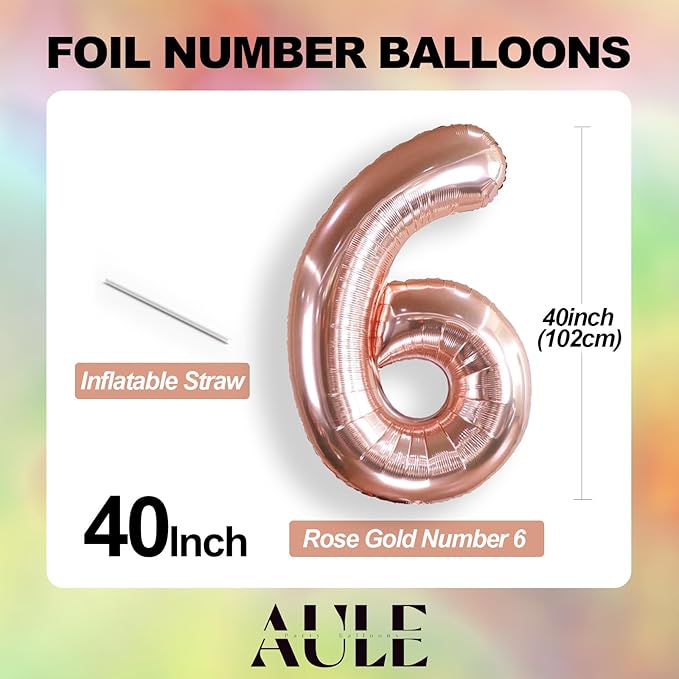 AULE 40 Inch Big Rose Gold 6 Balloon Number Large Foil Helium Number Balloons 0-9 Jumbo Giant Happy 6th Birthday Party Decorations for Boy or Girl Huge Mylar Anniversary Party Supplies