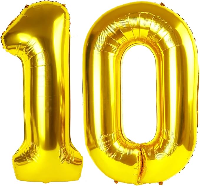 10 Gold Number Balloons, 40 Inch Balloons for Woman Man 10th Birthday Party Decoration, Foil Number Ballon for 10, 100 Anniversary, Bridal Shower, Graduation, Valentine's Day, Mother's Day, Easter
