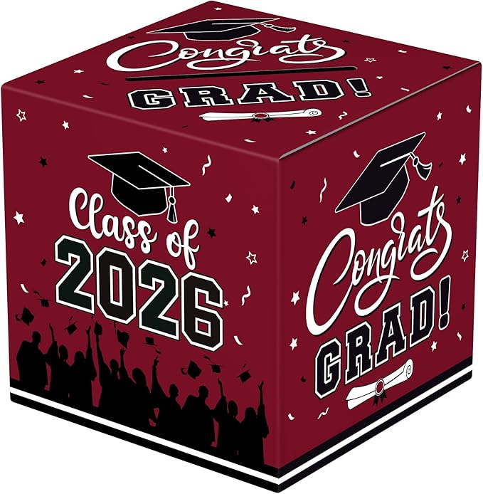 Graduation Card Box 2026 - Congrats Grad Card Boxes Holder, Maroon and Black Class of 2026 Graduation Gift Cards Box for Graduation Party Decorations 2026 Favors Decor Supplies Props,9x 9 x 9 inches