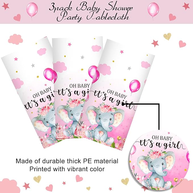 3 Pack Elephant Baby Shower Decorations - Plastic Tablecloth Table Cover Backdrop for Boy Girl Gender Party Supplies, 54 x 108 Inch, Pink