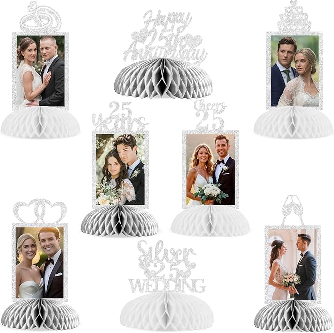 Cheereveal 8 Pieces Happy 25th Wedding Anniversary Honeycomb Centerpiece, Silver Glitter Photo Table Topper, Cheers to 25 Years Silver Wedding Theme Party Supplies for Men and Woman