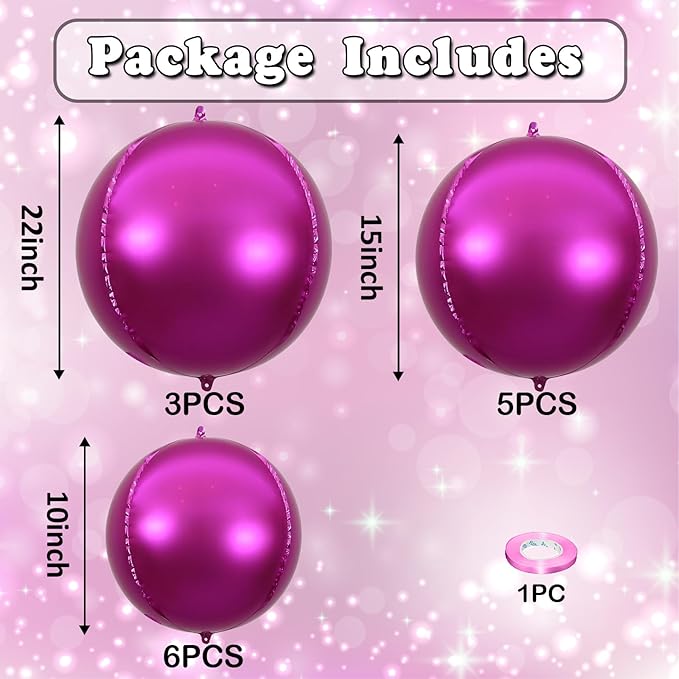 14 Pcs Hot Pink Round Foil Balloons 22/15/10 4D Ball Balloons Metallic Pink Fuchsia Balloon Ornament Mylar Balloon Chrome for Graduation Birthday Anniversary Disco Valentines Party Decorations