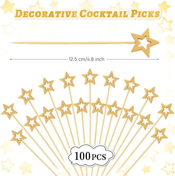 100 Pcs Gold Star Toothpicks, 4.72 Inch Gold Star Cocktail Picks for Appetizers, Long Bamboo Toothpicks, Decorative Toothpicks Skewers for Holiday Birthday Party Decorations (Gold Star)