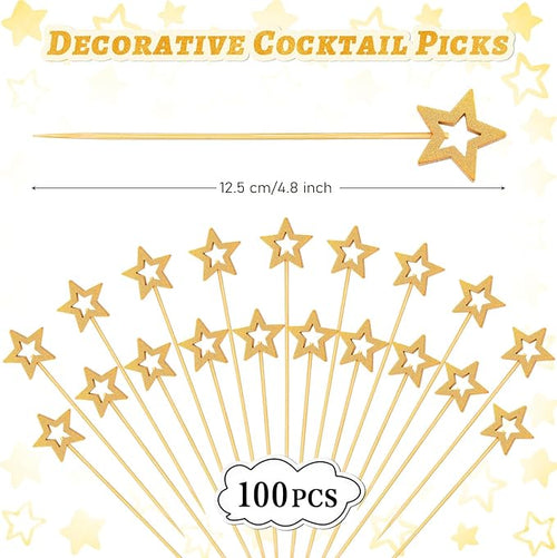 100 Pcs Gold Star Toothpicks, 4.72 Inch Gold Star Cocktail Picks for Appetizers, Long Bamboo Toothpicks, Decorative Toothpicks Skewers for Holiday Birthday Party Decorations (Gold Star)
