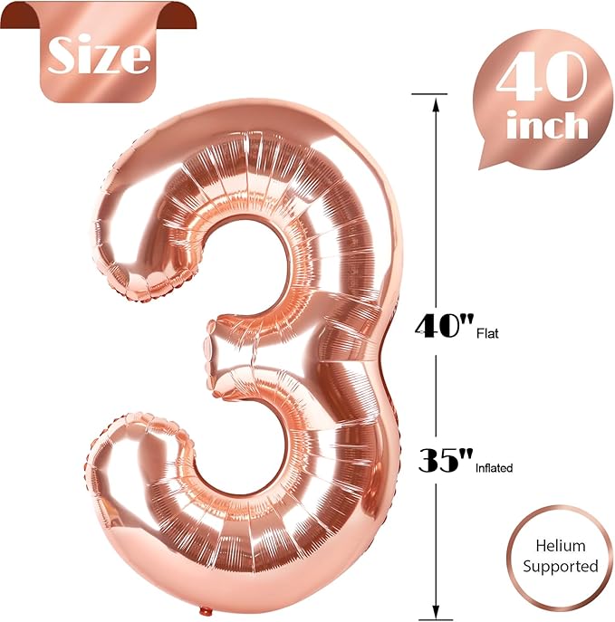 Rose Gold Number 3 Balloon 40 Inch, 3rd Birthday Celebration Supplies for Girls Boys Women Men, 3 Balloon for Girls Boys Theme Party