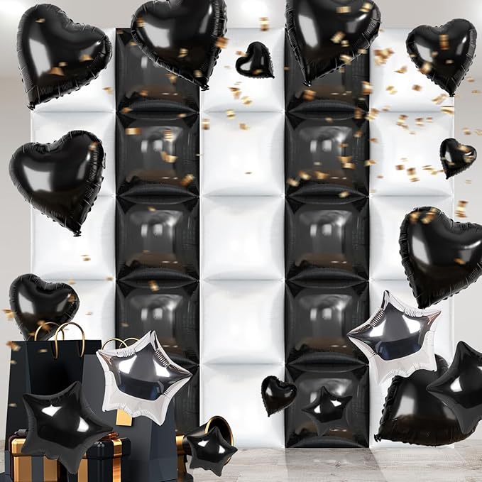 50 PCS Black and White Square Foil Balloon Wall, 19'' Double Sided Checkered Balloon Tunnel Arch Kit for Checkerboard Racing Themed Birthday Party, Bachelorette, Decoration