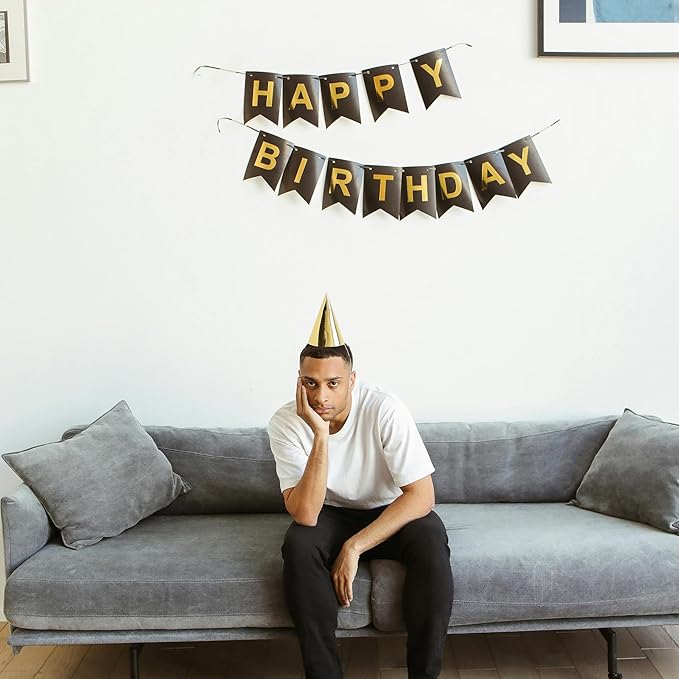Black Happy Birthday Banner - Hanging Backdrop Sign With Gold Letters, Happy Birthday Sign Bunting Decorations For Men Women Kids Baby Shower Party Supplies (13pcs)