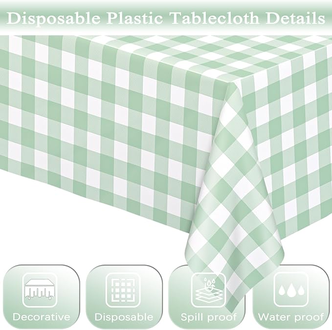 WNINK 2 Pack Sage Green Checkered Rectangular Plastic Tablecloths, Green Gingham Waterproof Disposable Table Covers 54" x 108" for Birthday, Baby Shower, Wedding, Outdoor Picnic Parties
