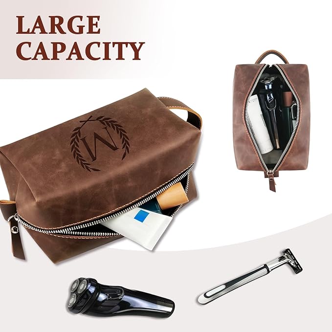 Laser-Engraved Initial Mens Toiletry Travel Bag, Corporate Gifts for Clients Boss Colleague Employee Appreciation Gifts Birthday Party Favor Waterproof Shaving Bag for Men, Reddish Brown S