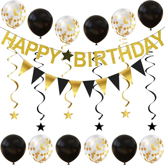 Happy Birthday Banner - Gold Birthday Banner with Garland, Balloons and Hanging Swirls for Party Decorations