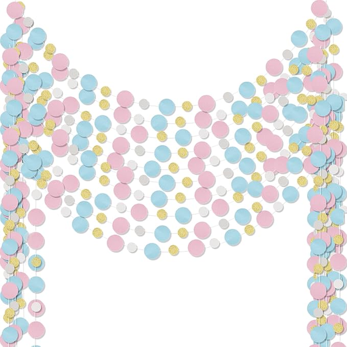 Outus 10 Pieces Pink,Blue,Gold,White Round Dots Garland Easter Graduation Party Hanging Decor Each Length 13.1ft Glitter Paper Dot Streamers for Birthday Wedding Classroom