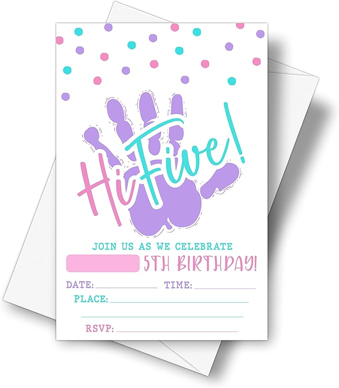 DETIHO 4" x 6" Hi Five Birthday Party Invitation Cards With Envelopes - Five Years Old Party - 5th Birthday Party Invitation - 20 Sets - E08