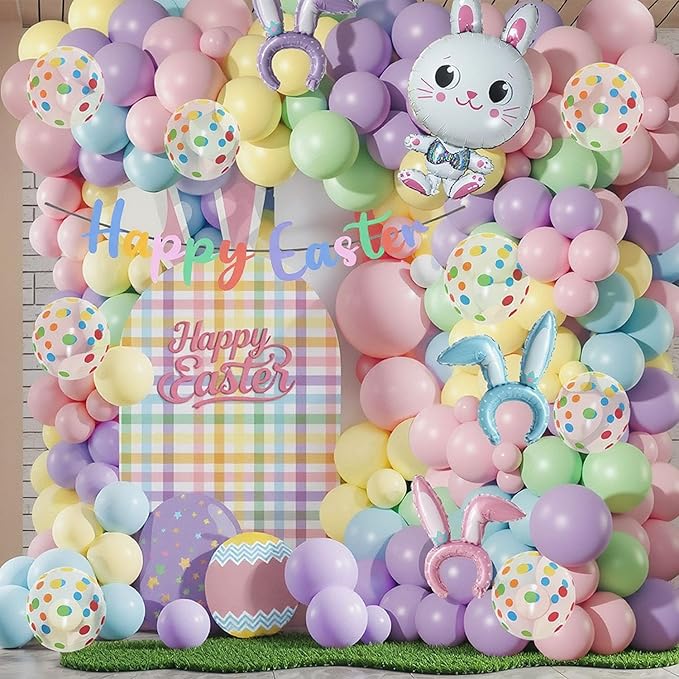 Easter Balloon Arch Garland Kit, 12" 10" 5" Pastel Balloons with Bunny Rabbit Foil Balloon for Easter Party Decorations Spring Indoor Outdoor Party Supplies