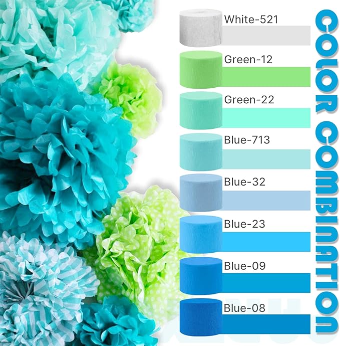 PartyWoo Light Blue Crepe Paper Streamers 4pcs 328ft Pack of Slate Blue Beige White Green Crepe Paper Streamers for Birthday Gender Reveal Baby Shower Mermaid Under The Sea Party Decorations