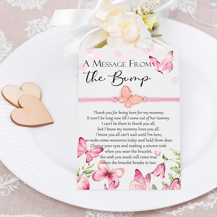 Ferreve Baby Shower Favors for Guests Bulk, 50 Pack Butterfly Wish Bracelets with “A Message from the Bump” Cards, Baby Shower Party Favors for Gender Reveal
