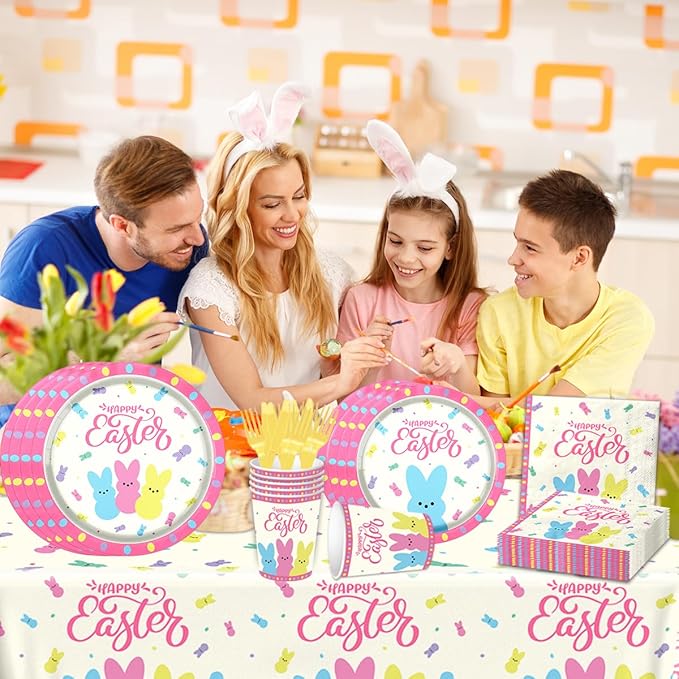 Easter Party Supplies,142Pcs Easter Party Plates,Napkins,Tablecloths Spring Colorful Bunny Tableware Decoration for Spring Holiday Party Favors