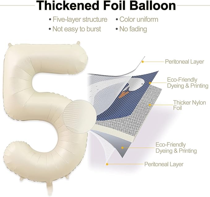 Number 5 Balloon, 5 Balloon, Number Balloons 40 Inch, Sand White Large Big Foil Number Balloons for Birthday Party Graduation Wedding Anniversary Baby Shower Bachelorette Decoration Supplies