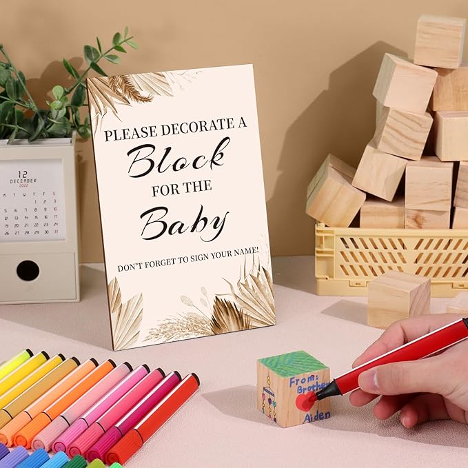 Baby Shower Games Sign Kit with 50 Blank Wooden Blocks, 24 Acrylic Paint Marker and Wooden Sign, Blocks for Baby Shower Games, Gender Reveals Party (Boho)