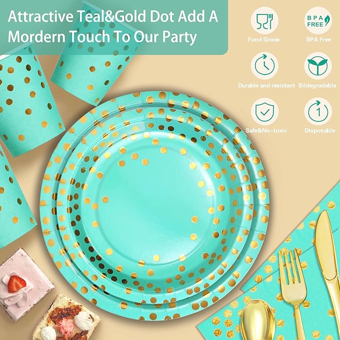 168PCS Teal Party Plates and Cups and Napkins sets,Teal Paper Plates Party Supplies Bulk with Gold Cutlery Serve 24 Guests for Bridal Shower Birthday Wedding Decorations