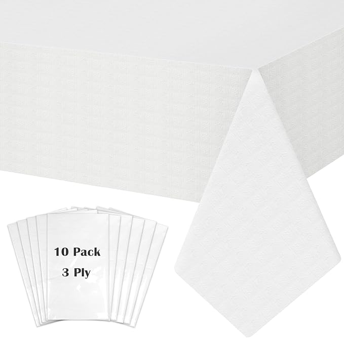 White Paper Tablecloths for Rectangle Tables 10 Pack, 54''×108'' Disposable Table Cloth for 3-9 Ft Tables, Paper & Plastic Party Table Cover for Birthday, Outdoor, Wedding, Banquet