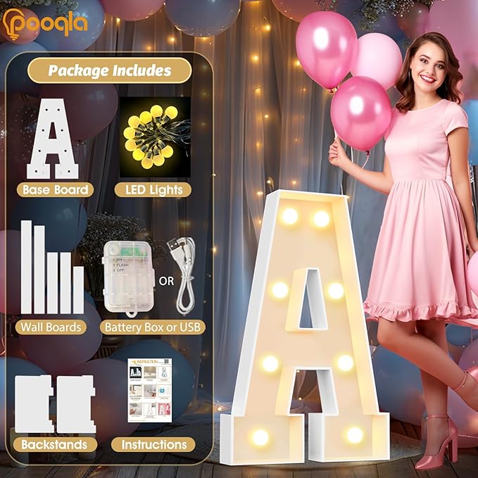 Pooqla 3FT Marquee Light Up Letters, Large Mosaic LED Marquee Letter 3 Feet Birthday Decor, Giant Light Up Letters for Balloons Anniversary Party Decoration, Cool White and Warm White C