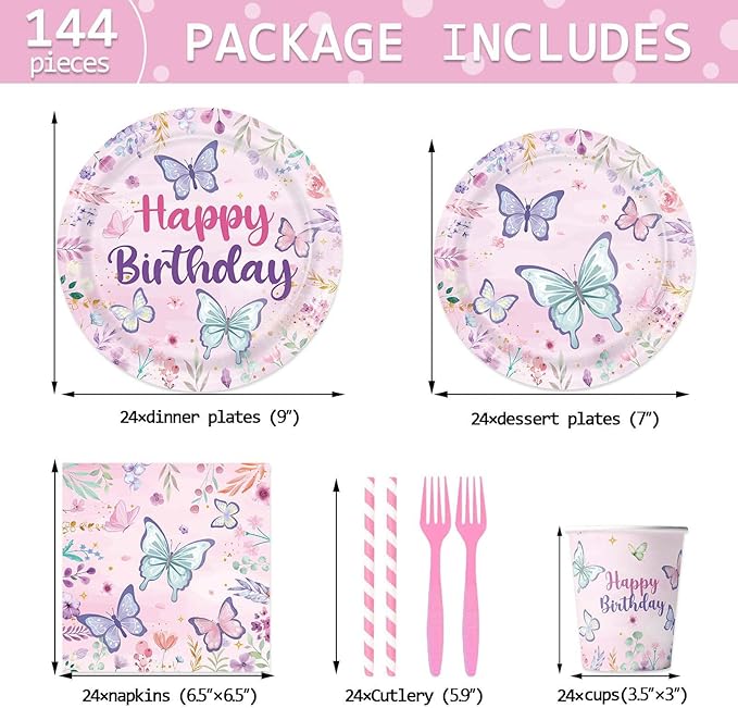 Spring Butterfly Themed Party Decorations Supplies Butterfly Flower Themed Party Tableware Set Include Plates, Cups, Napkins,Cutlery and Straw for Gril Birthday Party Decorations Serves 24