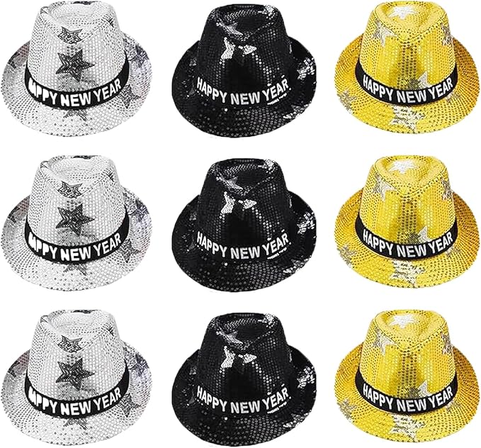 9 Pack New Year Hat Fedora Hats New Years Hats New Year Eve Sequin Hat Gold Black Silver Happy New Year Hat for Adults Men and Women Christmas New Year Party Decorations