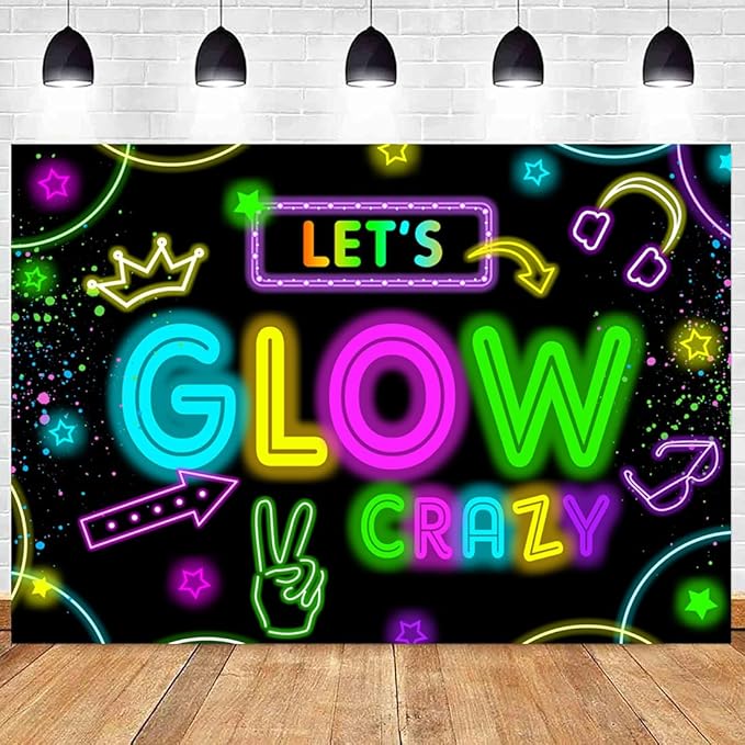 Neon Glow Party Decorations Supplies Backdrop 10x7ft Glow in The Dark Let’s Glow Banner Photography Background Birthday Sleppover Graffiti Splash Paint Black Light Kids Photo Booth
