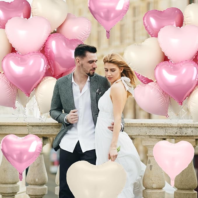 Pink Heart Balloons, 10 Pcs Pastel Light Baby Pink White Foil Heart Shaped Balloon, 18 Inch Cream Sand White Balloons Helium for Engagement, Brithday, Baby Shower, Wedding, Valentines Party Decoration