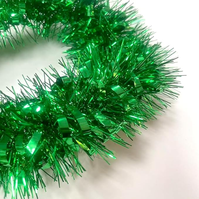33Ft Christmas Tinsel Garland Shiny Thick Tinsel Xmas Tree Decor Metallic Twist Foil Garland for New Year Parties Birthday Party ST Patricks Day Parade Floats Indoor Outdoor Supplies - Green