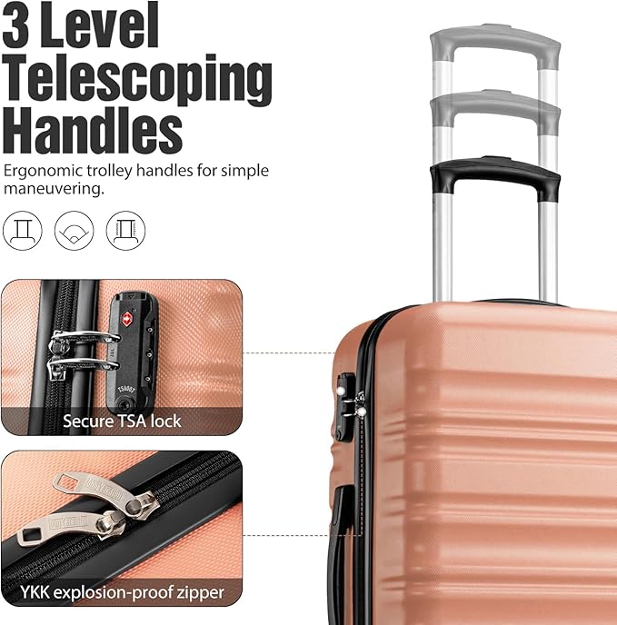 LONG VACATION 6 Piece Luggage Set Carry on Suitcase with ABS+PC hardshell, Spinner Wheels & YKK Zipper TSA Lock (PINK, 6 piece set)