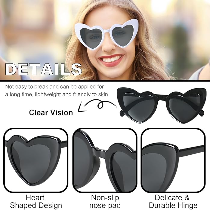 8 Pairs White and Black Heart Sunglasses Bulk for Women, Vintage Cat Eye Mod Style Bride Sunglasses Retro Heart Shaped Glasses for Shopping Traveling Wedding Party Accessories