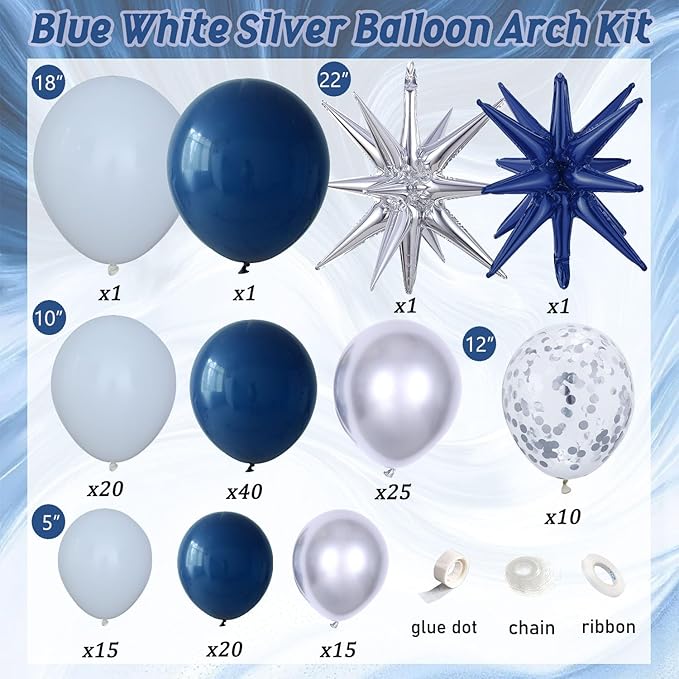 152 pcs Blue White Silver Balloon Garland Arch Kit,Navy Blue Silver Confetti Balloons with Exploding Star Balloons for Graduation Class of 2026 Birthday Wedding Retirement Party Decorations