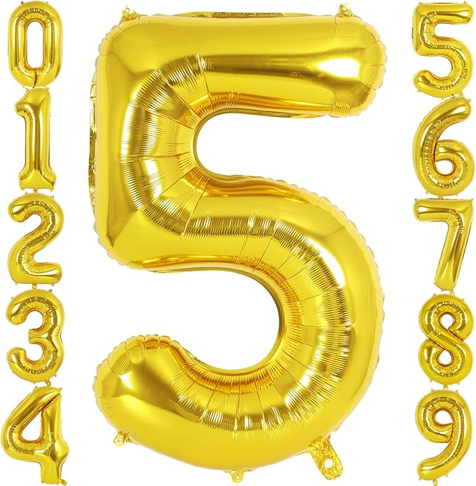 Gold Number 5 Balloon 40 Inch, Big Large Foil Helium Number Balloons, Jumbo Giant Mylar Number 5 Balloons for 5 Year Old Birthday Gold Party Decorations