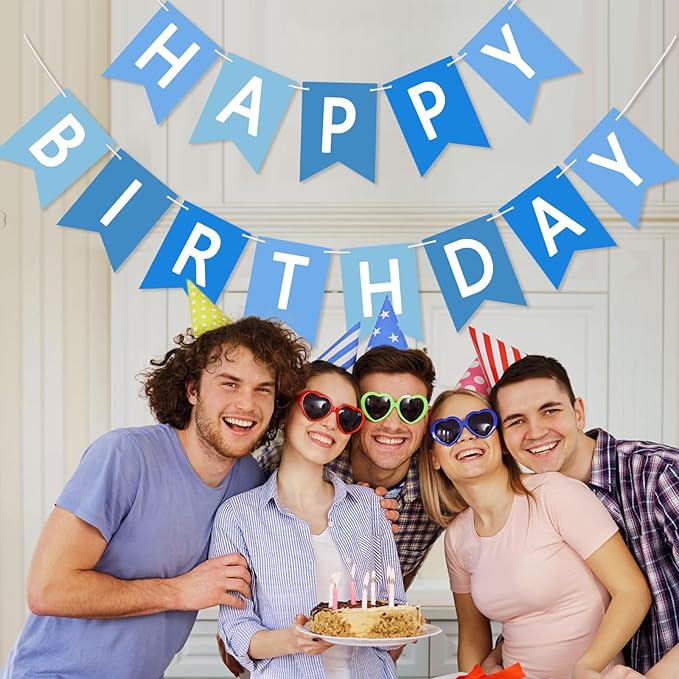 Happy Birthday Banner Sign, Birthday Garland Wall Door Hanging Banners Flag for Women Men Boys Girls Party Backdrop Decorations, Personalized Name Banner White Letters Blue and Light Blue