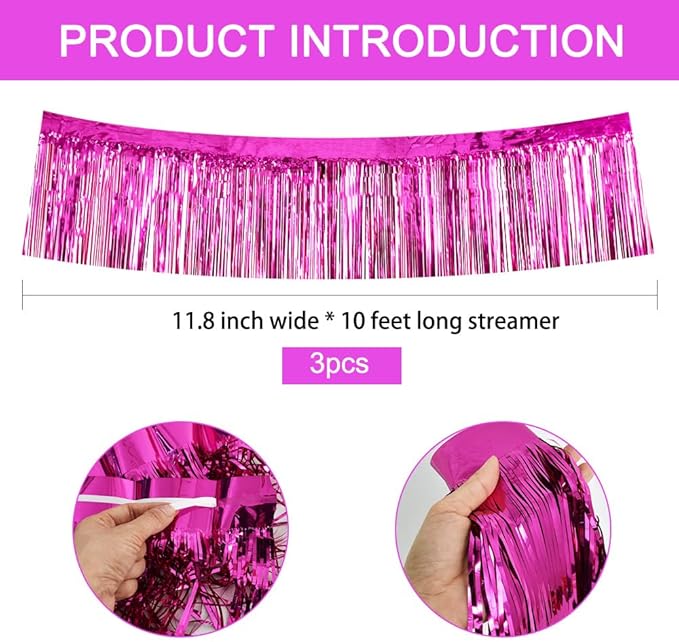 BEISHIDA 3 Packs Metallic Foil Fringe Garland Rose Red Wall Hanging Tinsel Fringe Banners for Car Floats Bridal Shower Wedding Birthday Valentine's Day Anniversary Party Decoration(30 Feet)