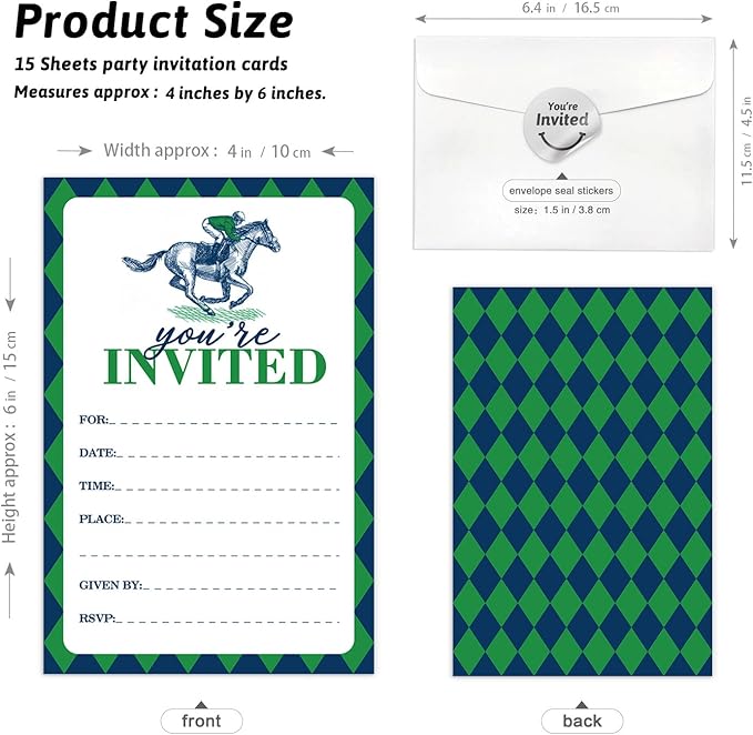 Kentucky Horse Derby Themed Shaped Fill-In Invitations card 15 Sheets with Envelopes, Horse Rac Party Belmont Parties Invites, for Teen Boys Girls Adults Birthday Sports Tennis Party