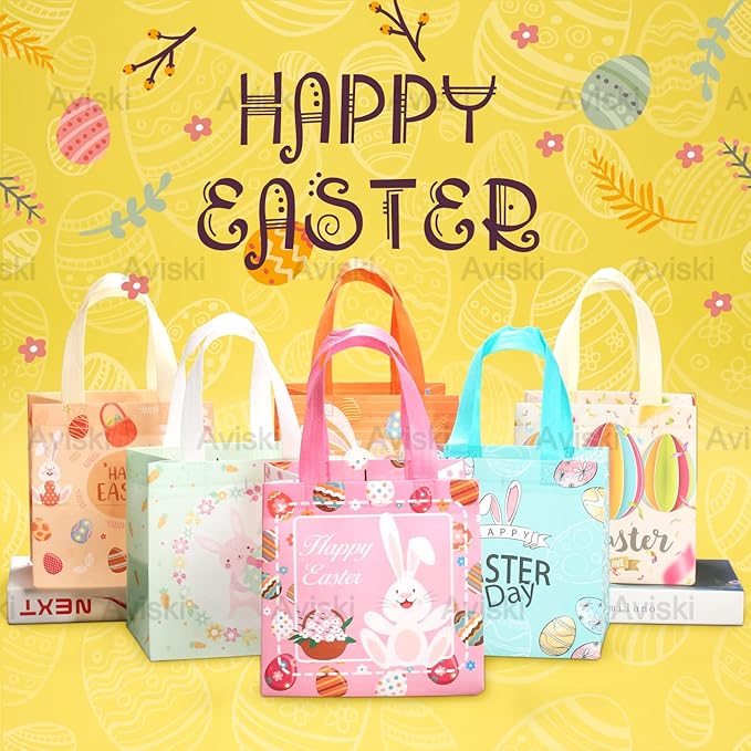 6PCS Happy Easter Egg Hunt Bags Easter Bunny Carrot Chick Egg Gift Bags with Handles, Easter Treat Bags, Multifunctional Non-Woven Bags for Gifts Wrapping, Egg Hunt Game, Easter Party Supplies,