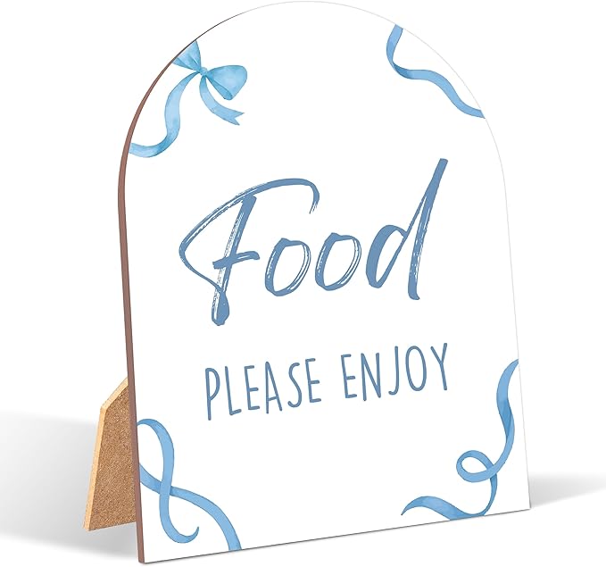 Blue Bow Food Please Enjoy Sign for Baby Shower, 6x8 Inch Arch Wooden Sign with Stand, Blue Baby Shower Table Sign, Gender Neutral Party Decoration - QW11