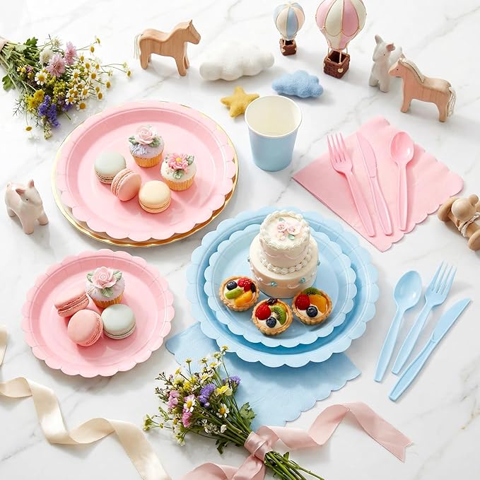 LIYH 350 Pcs Gender Reveal Pink and Blue Plates and Napkins Set for 50 Guest Party Supplies Include Scalloped Paper Plates Cocktail Napkins Cups Spoons Forks Knives for Baby Shower, Birthday, Easter