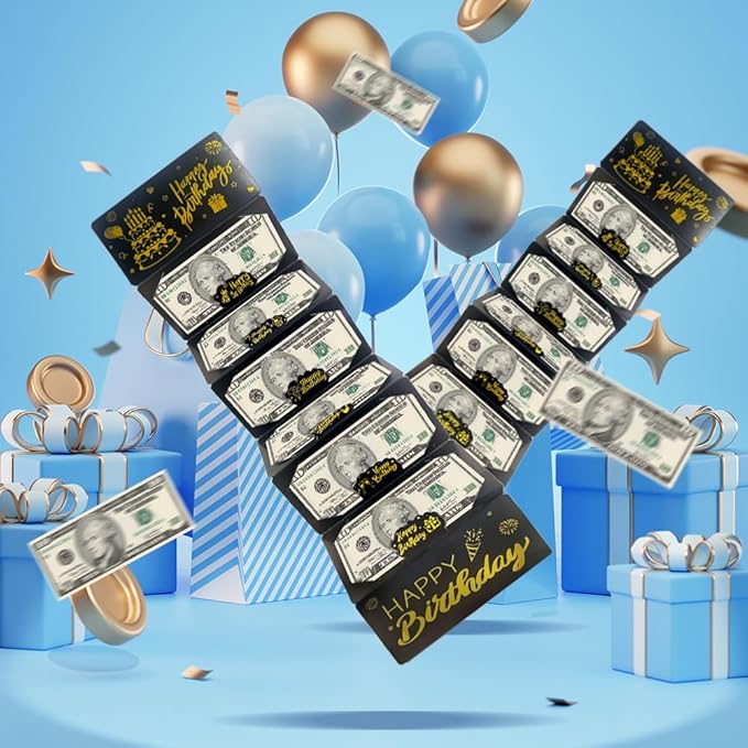 Black Gold Happy Birthday Envelope for Cash, DIY Money Holder with 6 Slots for Cash, Surprise Card Holder for Birthday, Money Gift Card for Men Women