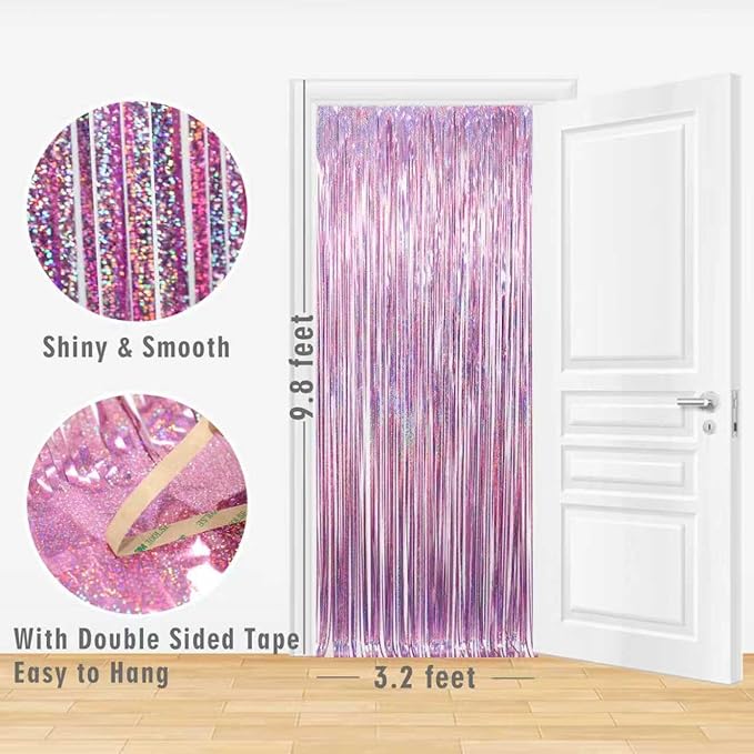 GOER 3.2 ft x 9.8 ft Metallic Tinsel Foil Fringe Curtains Party Photo Backdrop Party Streamers for Birthday,Graduation,New Year Eve Decorations Wedding Decor(1 Pack,Laser Pink)