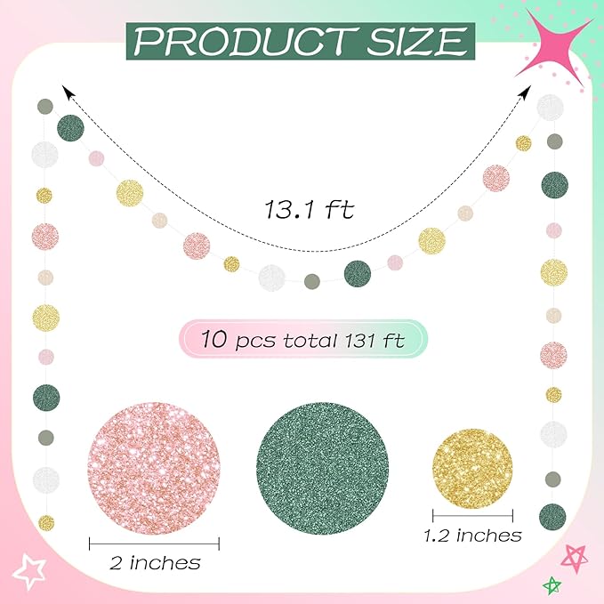 Outus 10 Pieces Colorful Dots Paper Garland Easter Decor Round Glitter Hanging Confetti Streamers Backdrop for Spring Birthday Classroom Halloween Trunk or Treat Car Decoration (Sage Green,Pink,Gold)