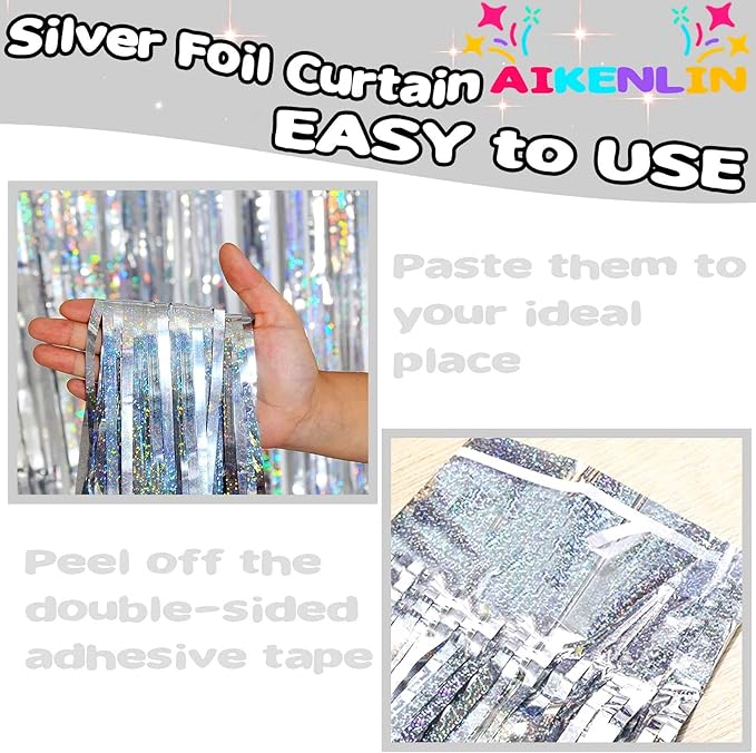4 Pack 3.2Ft x 8.2Ft Silver Foil Fringe Curtain Backdrop, Metallic Tinsel Foil Fringe Streamers Curtains Background for Photo Booth, Birthday, Wedding, Disco, Bachelorette, Christmas Party Decoration