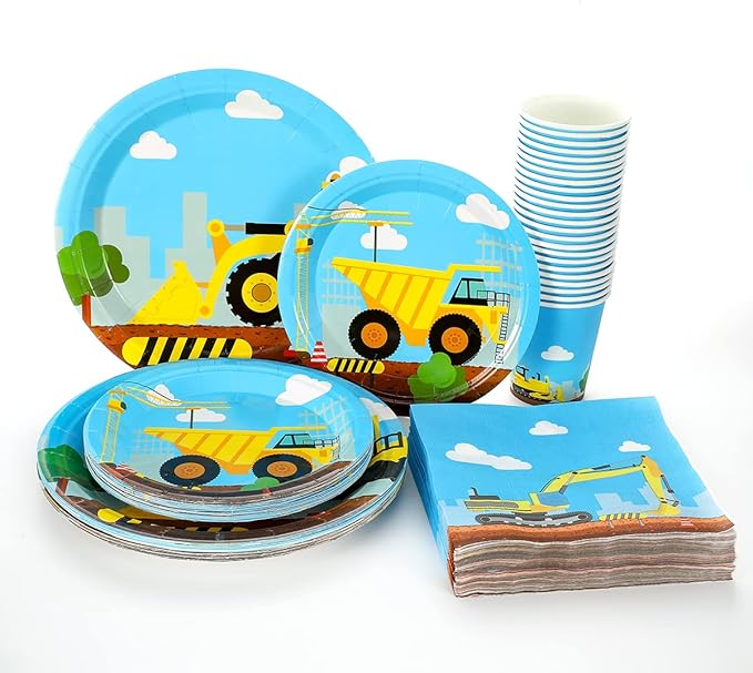 Construction Birthday Party Supplies Set 97 Pieces For Kids- Serves 24 Guest-Digger Truck Bulldozer Party Tableware Kit - Including Dump Truck Plates, Cups, Napkins