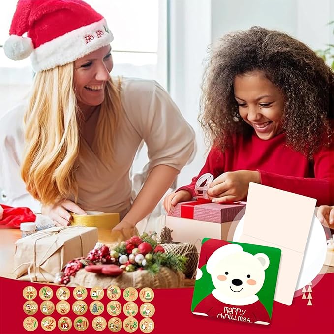 24 Christmas card with Envelopes& Sticker categories, holiday cuteness multiple loose cards with envelopes and written blessing messages, can be given to friends, family, children, boys and girls (Red)