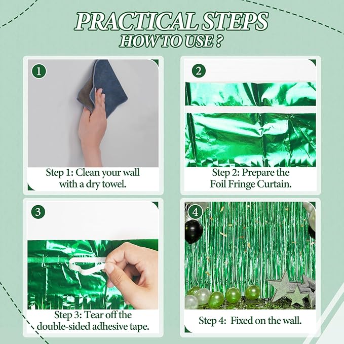 2 Pack Foil Fringe Backdrop - Green Shiny Tinsel Curtains for Party Decoration/Photo Booth Props - 3.3x6.6 FT Metallic Foil Backdrop for Birthday, Wedding, Graduation, Christmas.