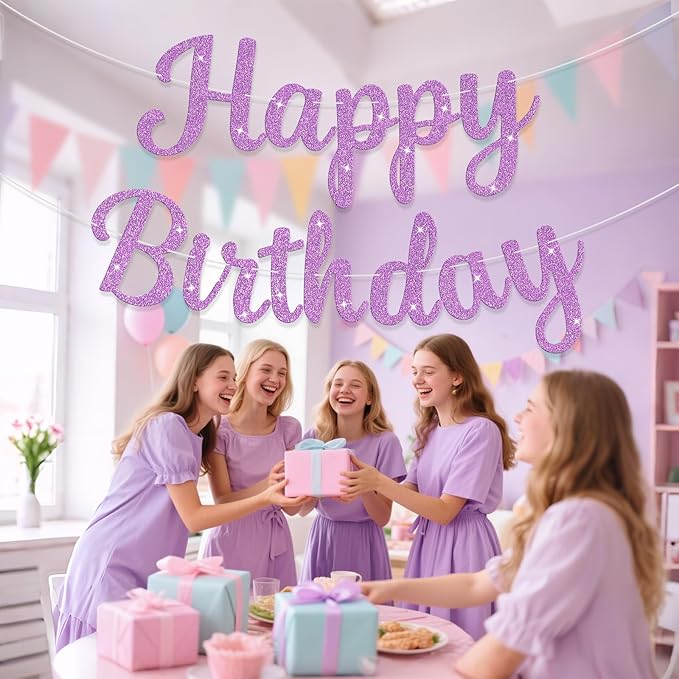 Glitter Happy Birthday Banner Sign Birthday Garland Wall Door Banners Flag for Women Men Boys Girls Party Backdrop Decorations Light Purple