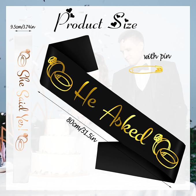 He Asked & She Said Yes Sashes Kit, Funny Rose Gold Bride to Be Sash & Gold Groom to Be Sash for Wedding Engagement Bachelorette Bridal Shower Party Decor Favors Funny Gifts (White and Black)