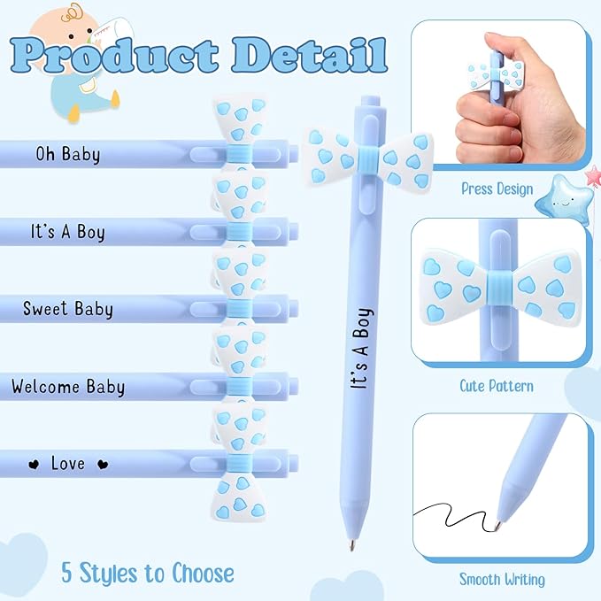 50 Set Baby Shower Party Gift Pen Favors for Guests Include 50 Pink Blue Bow Ballpoint Pens 50 Baby Shower Thank You Cards with Opp Bags for Gender Reveal Party Prizes Souvenirs(Boy)